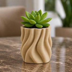 May include: A small, light beige planter with a vertical, wavy, spiraling texture. The planter holds a vibrant green succulent plant with thick, pointed leaves arranged in a dense, symmetrical rosette pattern, filling the top opening.