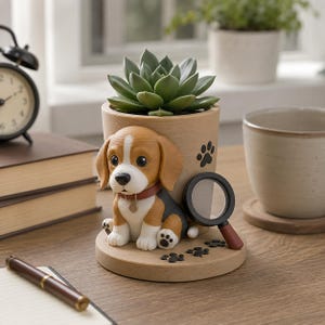 Miniature Beagle Detective 3D Printed Planter Pot - Hand Painted Succulent Container