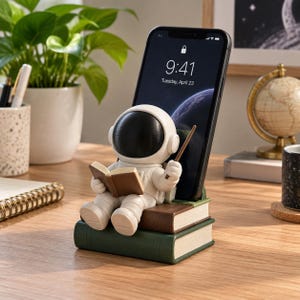 May include: A white astronaut figurine sitting on a stack of two books, one brown and one green, holding a small open book and a pointer. The figurine serves as a stand for a black smartphone, which displays the time 9:41 and the date Tuesday, April 23.