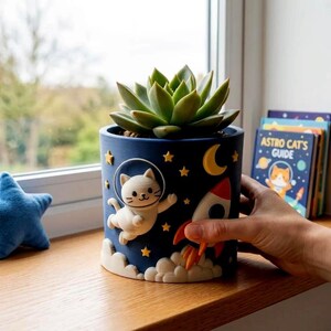 May include: A dark blue cylindrical planter featuring a raised 3D design of a white cat in a space helmet floating among yellow stars, a yellow crescent moon, and a colorful rocket ship launching from white clouds, containing a green succulent.