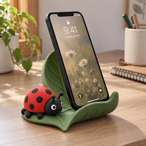 May include: A green leaf-shaped smartphone stand featuring a red ladybug with black spots and a black head attached to the front. The stand holds a black smartphone with a screen displaying the time 9:41 and a floral background image.