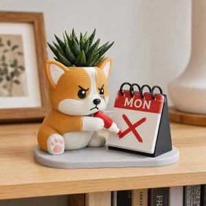 Puede incluir: Una maceta con forma de corgi beige y blanco con una suculenta verde, sosteniendo un marcador rojo para tachar la palabra MON en un pequeño calendario de escritorio blanco y negro. La figura se asienta sobre una base ovalada gris y luce seria.