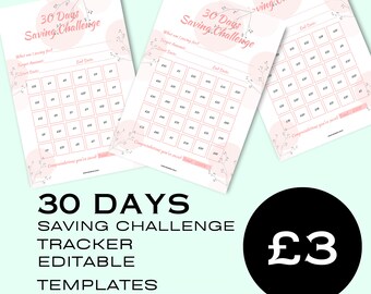 30 Days Saving, Saving Tracker, Challenge Tracker, Saving Goals, Editable Templates, A4-A5-US LETTER, Budget Binders, Personal Finance