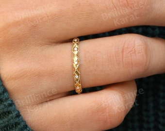 Art Deco Lab Diamond Wedding Band Vintage Half Eternity Band Lab Grown Diamond Band 14K Gold Stacking Ring Minimalist Ring Milgrain Band