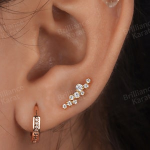 Single (Half Pair) 14K Gold Cluster Diamond Earrings Moissanite Cartilage Earrings Dainty Climber Flat back Studs Everyday Crawler Earring