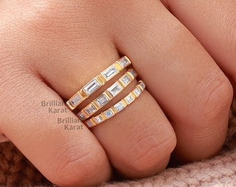 Baguette Bezel Set Moissanit Vigselring för kvinnor Evighetsring Jubileumsgåva Stapelring 14K Solid Gold Ring Baguette Ring för henne