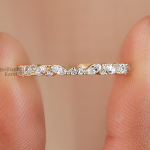 Notched Wedding band Women Solid Gold Stacking Ring Marquise Moissanite Stackable Ring Round and Marquise Band Half Eternity Moissanite Band