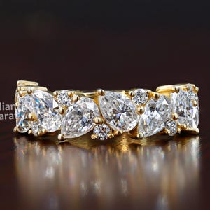 Alternative Moissanite Wedding Band Round & Pear Half Eternity Ring 14K Solid Yellow Gold Moissanite Half Eternity Band Bridal Matching Band