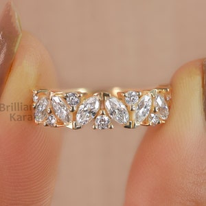 Half Eternity Wedding Band Marquise & Round Moissanite Band Bridal Matching Stackable Band Art Deco Half Eternity Band Anniversary Gift