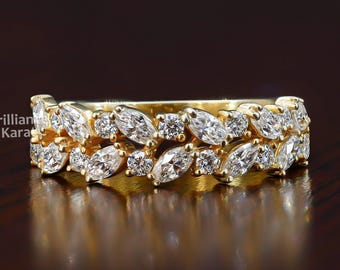 Cluster Wedding Band Women Marquise and Round Cut Moissanite Wedding Band Half Eternity Matching Band For Engagement Ring 14K Gold Band