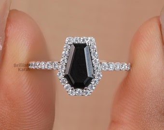 Black Coffin Cut Ring Halo Engagement Ring Black Moissanite Unique Ring Black Coffin Ring Anniversary Gift Ring Vintage Antique Shaped Ring