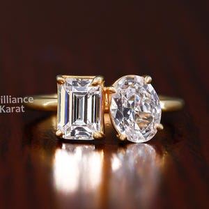 Toi Et Moi Moissanite Emerald & Oval Cut Two Stone Engagement Ring Anniversary Promise Ring For Women Vintage Diamond Unique Bridal Jewelry