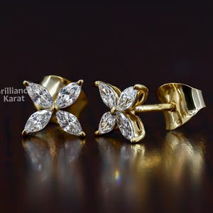 Marquise Moissanite Flower Studs 14K Solid Gold Stud Earrings Dainty Minimalist Four Stone Marquise Moissanite Studs Birthday Gift for Women