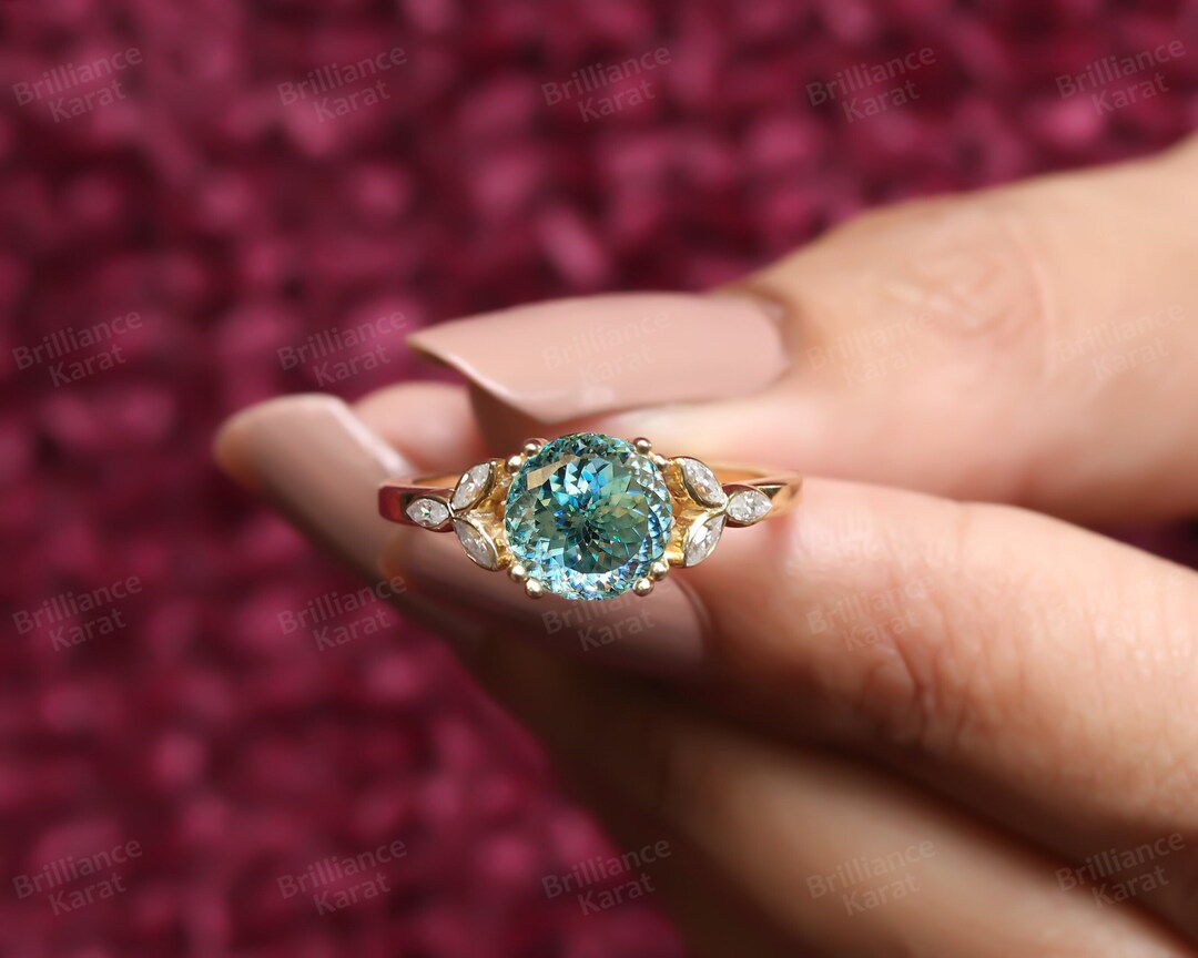 1.5 CT Portuguese Cut Ring Cyan Blue Moissanite Ring Vintage Style