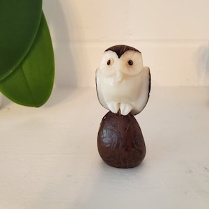 May include: A small, handcrafted owl figurine with a white body and brown accents. The owl is perched atop a dark brown, oval-shaped base. The background is a white surface with a green leaf visible on the left.