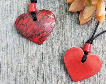 Red Tagua Nut Heart Pendant Necklace on Black Cord