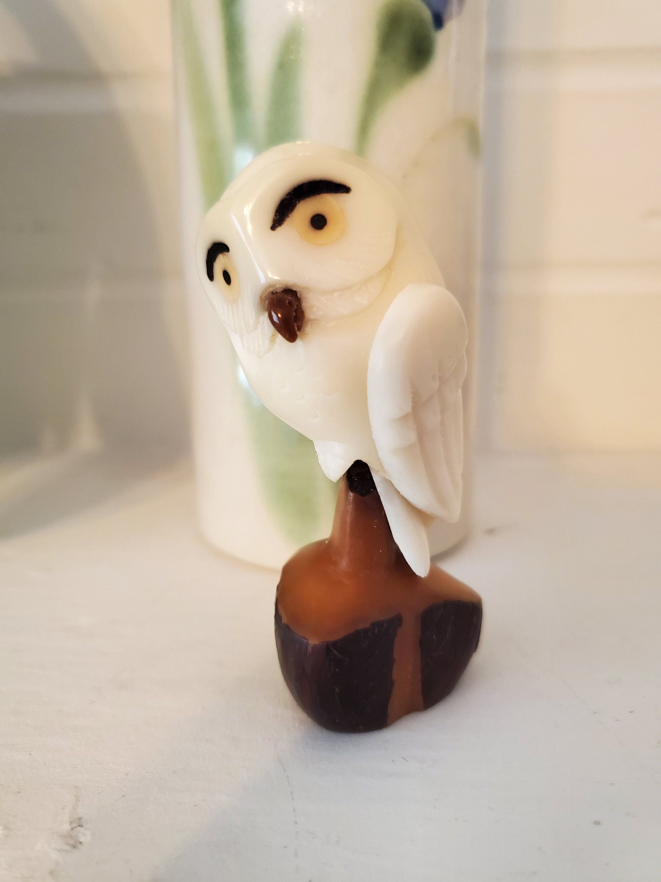 White Wise Owl Tagua Nut Carving, Owl Decor, Owl sculpture, miniature Owl art, mini owl sculpture