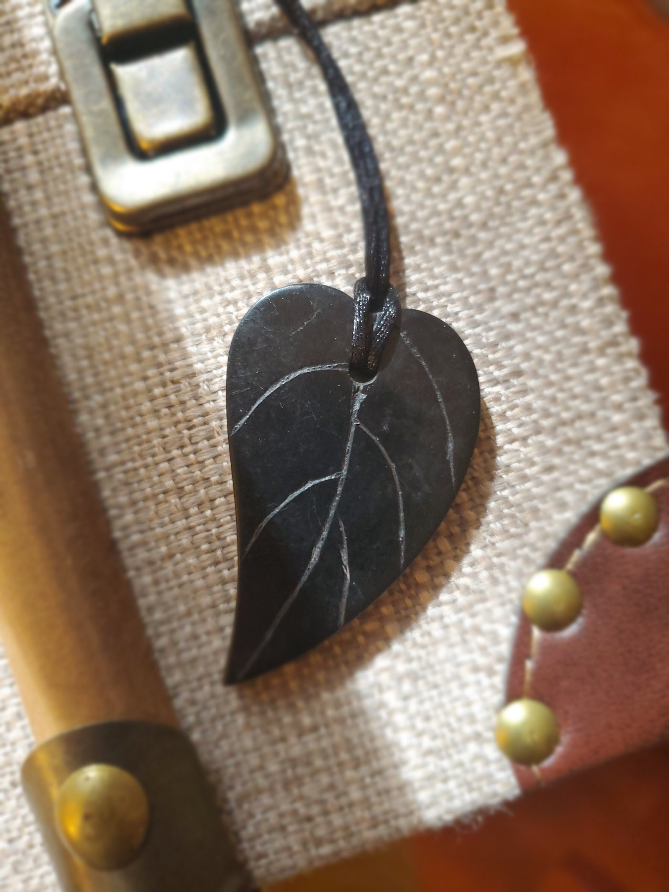 Leaf Shaped Anthracite Coal Pendant Necklace on Black Cord