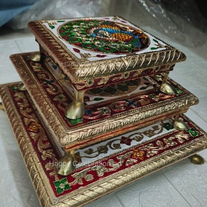Set of 3 Wooden Bajot Chowki | God Idol Stand | Mandir Decor | Indian Puja Chowki | Hindu Wedding Bajot Table | Indian Puja Chowki Set, Gift