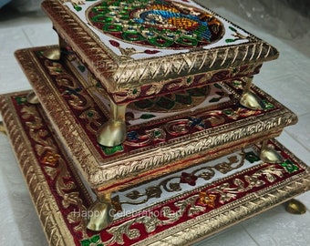 Set of 3 Wooden Bajot Chowki | God Idol Stand | Mandir Decor | Indian Puja Chowki | Hindu Wedding Bajot Table | Indian Puja Chowki Set, Gift