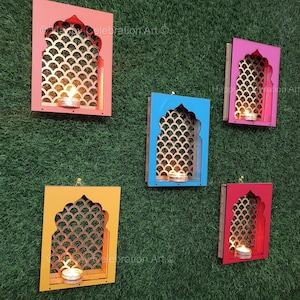 Rajwadi Jali Jharokha Wall Hanging: Rajasthani Haveli Decor with Candle Holder