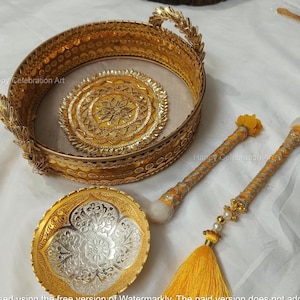 Juego de Thali para ceremonia Haldi: Plato amarillo para pooja nupcial con cuenco