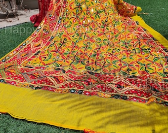 Pakistani Mirror Work Embroidered Partywear Dupatta - Colorful Traditional Fancy Scarf, Kutch Work Indian Navratri Dance Chaniya Choli Scarf