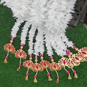 Jasmine Garland With MDF Lotus Backdrop, Lotus Flower Wall Decor,Diwali Decoration, Indian Pooja Mandir Wall Hanging, Lotus Door Hangings
