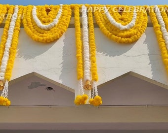 Artificial Marigold Bandarwal With Bell For Door Decoration, Door Entrance Decor, Toran For Indian Wedding, Temple, Ganesh chaturthi Festive