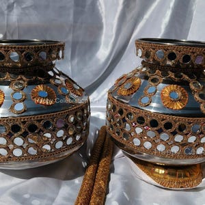 Mirror Work Stainless Steel Pot with Chaaj and Daand Punjabi Wedding Jaggo Set Matka for Sangeet, Haldi, Mehndi & Jaago Ceremony Props