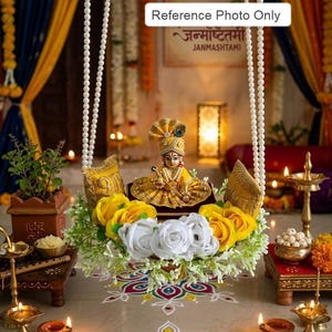 Decorative Laddu Gopal Jhula ,Handmade Floral Pearl Swing, Kanha Ji Palna, Janmashtami Decor, Ganesh Chaturthi Gift, Hindu Home Temple Decor image 1