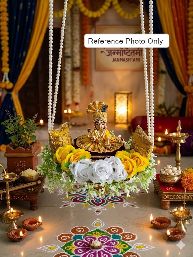 Decorative Laddu Gopal Jhula ,Handmade Floral Pearl Swing, Kanha Ji Palna, Janmashtami Decor, Ganesh Chaturthi Gift, Hindu Home Temple Decor image 1