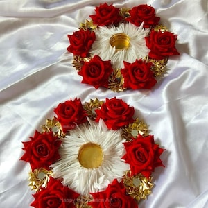 Red Rose Floral Rangoli Tealight Holder: Handmade Diwali Decor