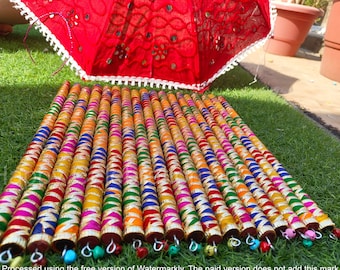 Dandiya With Colorful Lace And Wooden Base for Navratri Celebration,Wedding Decoration Dance Accessories ,Dandiya With Small Bells