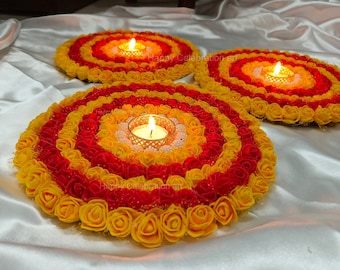 2 piece set Floral Rangoli Pattern Candle Holder|Patti Navratri Pooja Table Canter Piece| Room Decor |Wedding & Diwali Kolam Mats Decoration