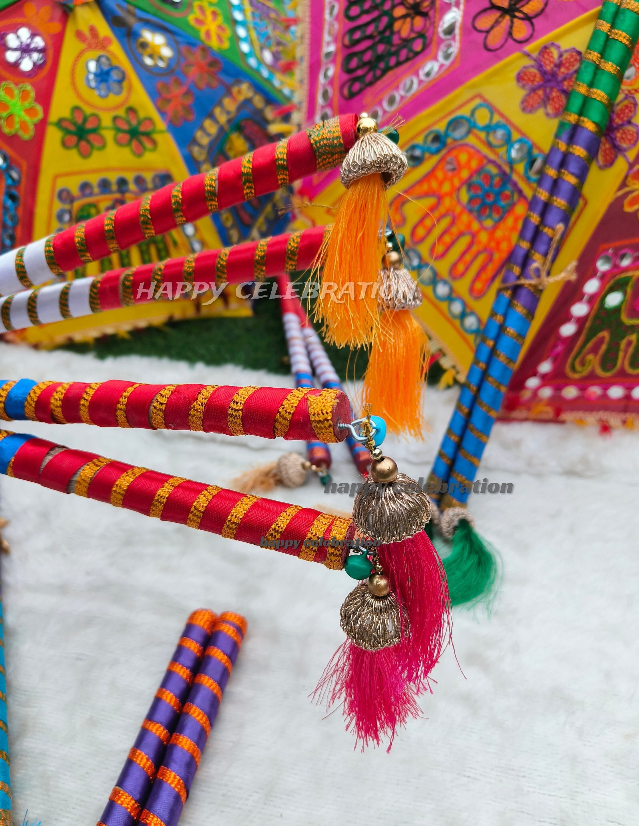 Lot 5 Paires Bâtons Dandiya En Bois Multicolore - Danse Garba Navratri Grande Taille 36,7 Cm