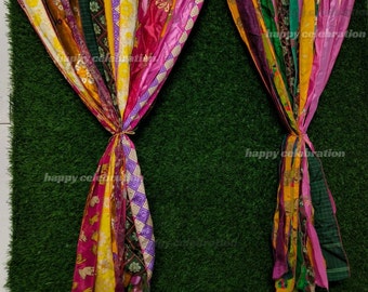 FREE SHIPPING - Indian Vintage Silk Sari Fabric Curtains Handmade Decorative Boho Hippie Curtain, Room Decor Patchwork Curtain, Window Decor