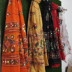 Phulkari Indian Traditional Festival Wear Cotton Dupatta with Handmade Mirror Work Embroidery - Perfect for Weddings and Special Occasions image 1