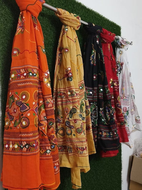 Phulkari Indian Traditional Festival Wear Cotton Dupatta with Handmade Mirror Work Embroidery - Perfect for Weddings and Special Occasions