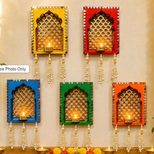 Rajasthani  MDF Jharokha  With  Latakan Wall Hanging  | Indian Wall Window Decor with Diya Holder for Wedding, Haldi, Mehndi & Festivals