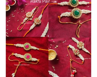 Kundan Flower Shape Rakhi Pair for Bhaiya Bhabhi and Kids,Gold Plated with Intricate Polki Work ,Perfect Gift for Raksha Bandhan Celebration