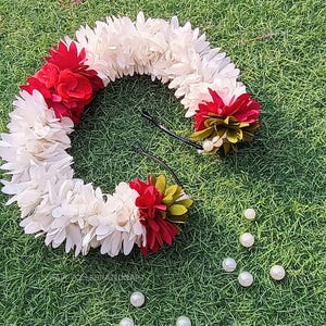 White with Maroon Color Flowers Gajra for Fashion and Traditional Indian Dances Bharatanatyam,Kuchipudi,Bridal Wedding and Party Celebration