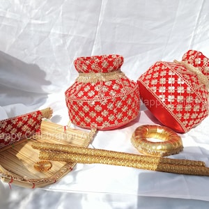 Set Phulkari Jaggo rosso: accessori per feste nuziali punjabi per la cerimonia Jaggo, Haldi, Mehndi - Decorazioni rituali per matrimoni sikh