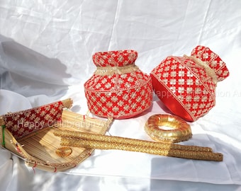 Juego de Phulkari Jaggo rojo: Accesorios para la celebración de bodas punjabi, incluyendo ceremonias Jaggo, Haldi y Mehndi – Decoración ritual para bodas sij