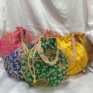 Embroidered Silk Potli Bag: Rajasthani Style Bridal Favor with Pearl Chain