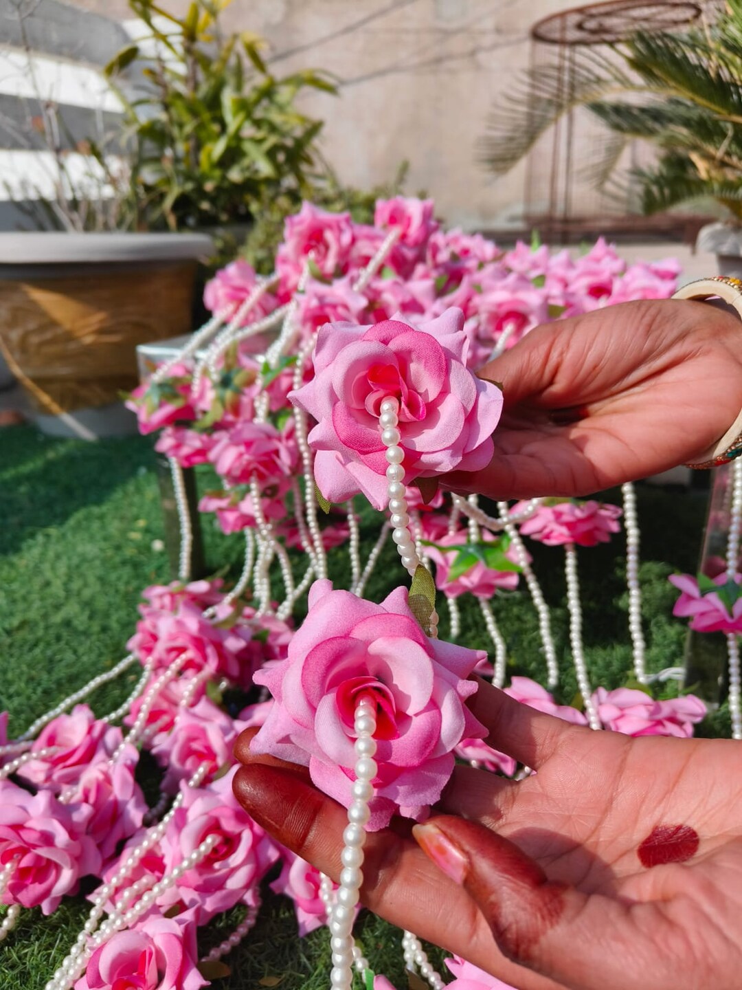 Buy Elegant Pearl and Rose Flower Hangings Wedding, Temple, Stage, Diwali, Haldi, Mehndi, Nikah Decor, Customize Rose Color String Online in India