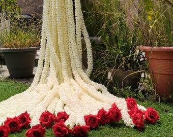 Artificial Mogra Jasmine & Rose Garland , Handmade Floral Decor with Roses for Wedding, Mandap, Festival, Diwali, Pooja, Housewarming Decor