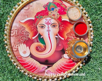 Ganpati Puja Thali Set: Hindu Wedding Accessories, Decorative Plate (Set of 2)