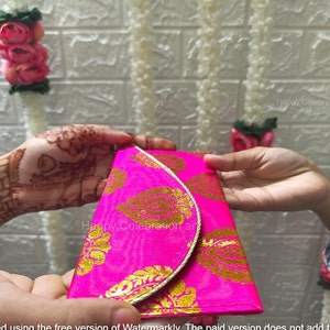 Set van 5 shagun gevouwen enveloppen met magnetische knop gouden paan-bladprint meerkleurige brokaat bruiloft lifafa voor festival, bruiloft, cadeau