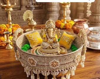 Royal Designer Singhasan för Laddu Gopal & Ganpati Jii, Idol Throne med Shubh Labh-kuddar, festpresent till Janmashtami och Diwali-dekor
